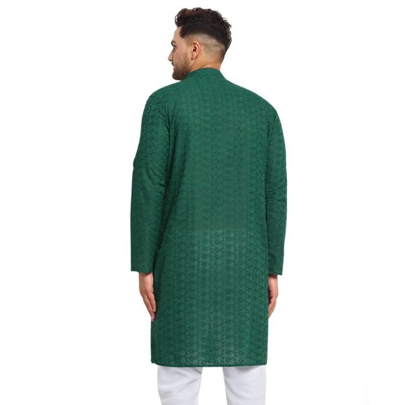 Designer Green Cotton Chikankari Lucknowi Jaal Embroidered Kurta for Men - Picture 3 of 5